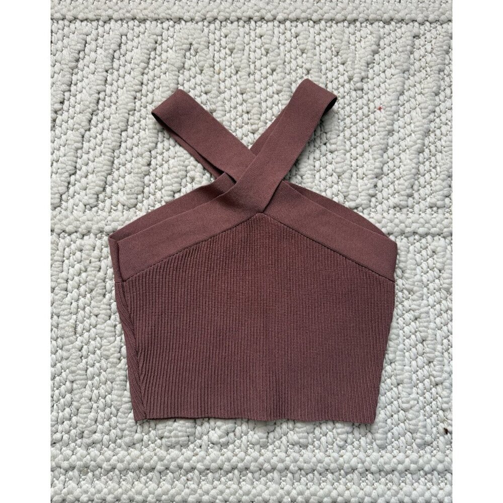 Aritzia Babaton Sculpt Knit Criss Cross Cropped Tank Rib Knit Mauve Basics S - Picture 4 of 6